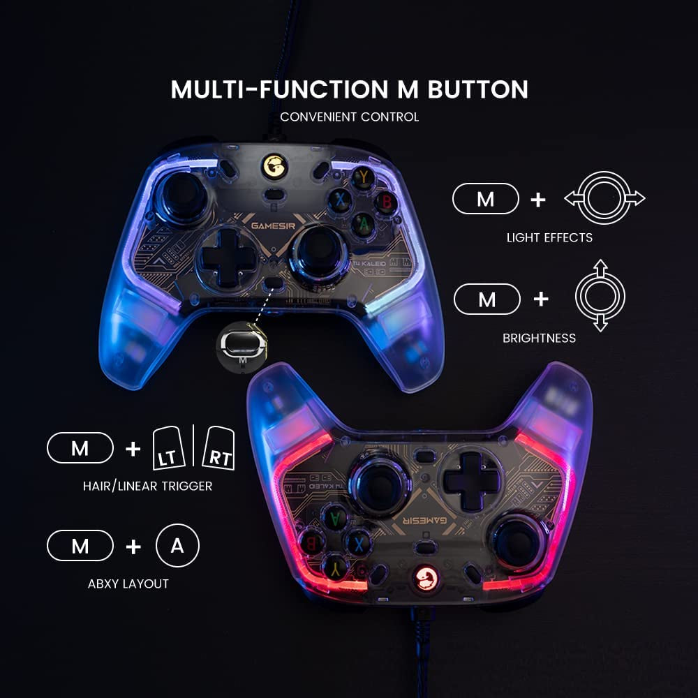 Kaleid Transparent T4 PC Controller - Wired Gaming Controller for PC, Switch, and Android TV Box. Plug and Play Gamepad Joystick featuring Hall Effect Sticks, Analog Triggers, 3.5mm Audio Jack, and 2 Back Buttons.