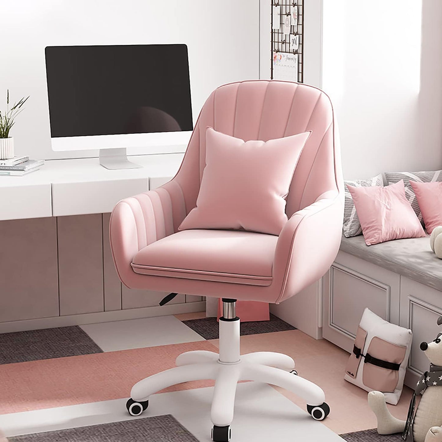 Upholstered Modern Tufted Computer Chair - Office Chairs, Task Chair Swivel Height Adjustable Velvet Accent Chair with Wheels for Living Room Bedroom (Modern, Pink)