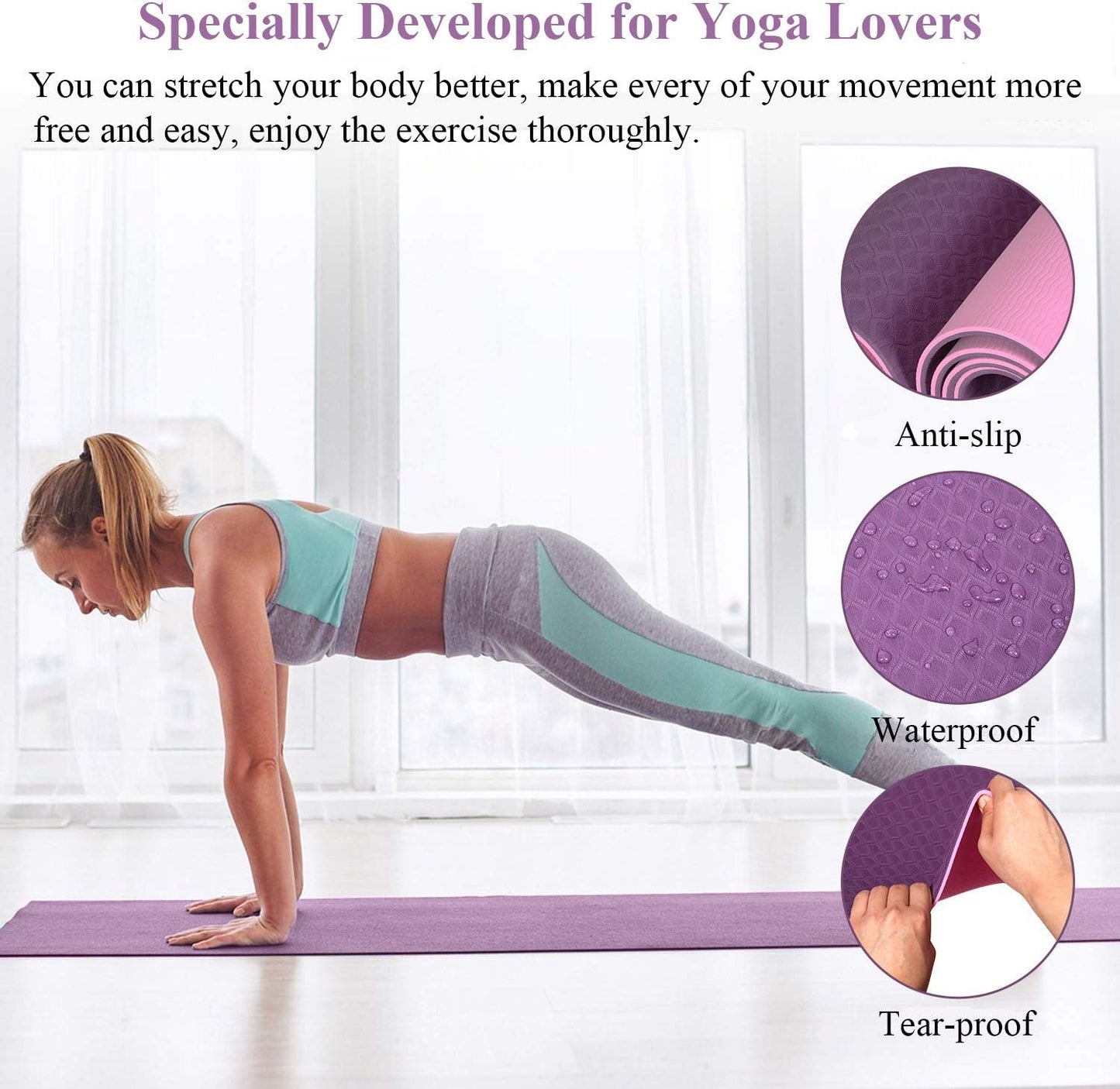 Non-Slip Yoga Mat with Thickness for Fitness Exercises, Comes with Easy-Cinch Yoga Mat Carrier Strap - Suitable for Home Gym Workouts