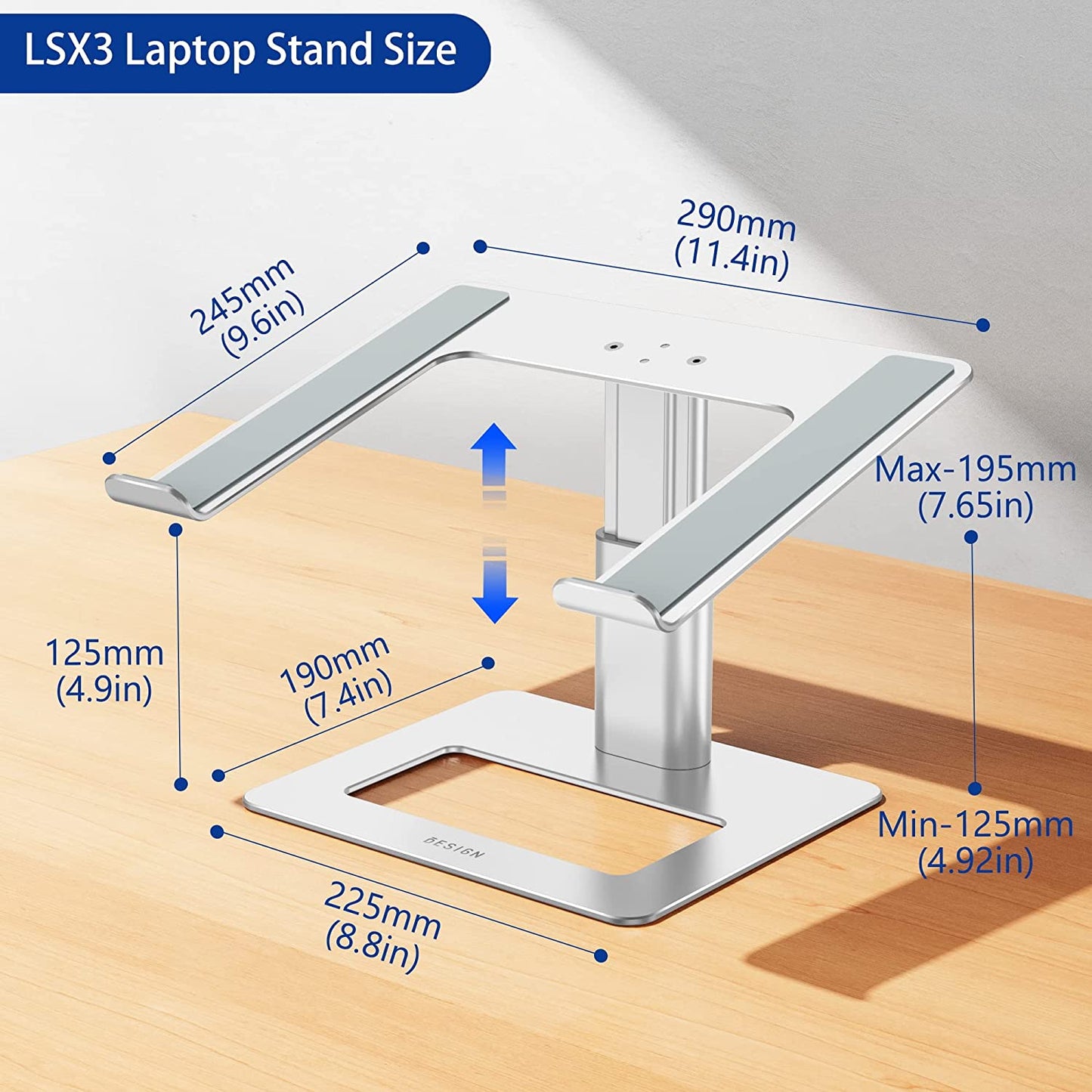 Aluminum Laptop Stand - Ergonomic Adjustable Notebook Stand for 10-15.6" Laptops - Riser Holder Computer Stand Compatible with Air, Pro, Dell, HP, Lenovo - Silver