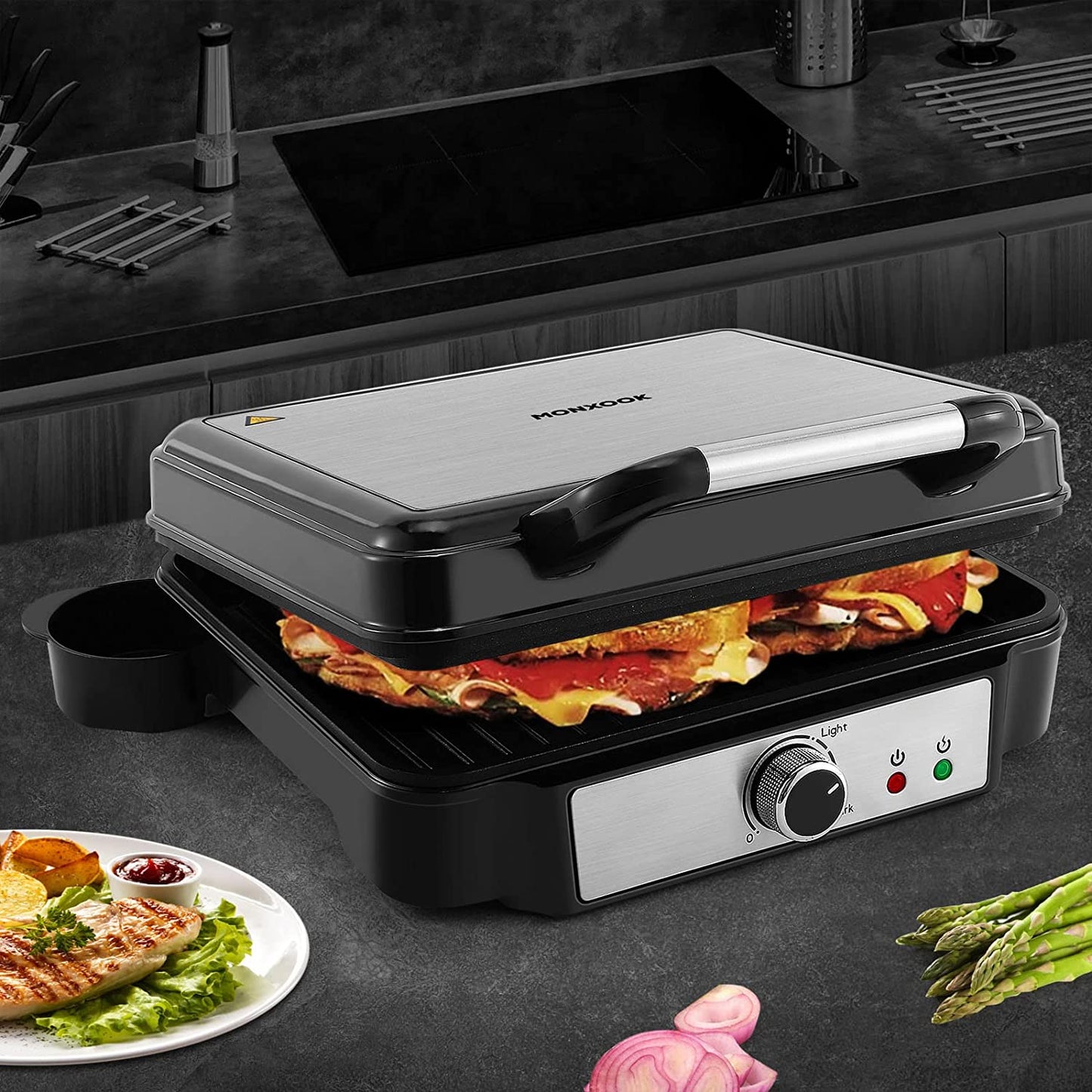 4-Slice Panini Press Sandwich Maker - Non-Stick Coated Plates, 180-Degree Opening, Stainless Steel Body, Removable Drip Tray