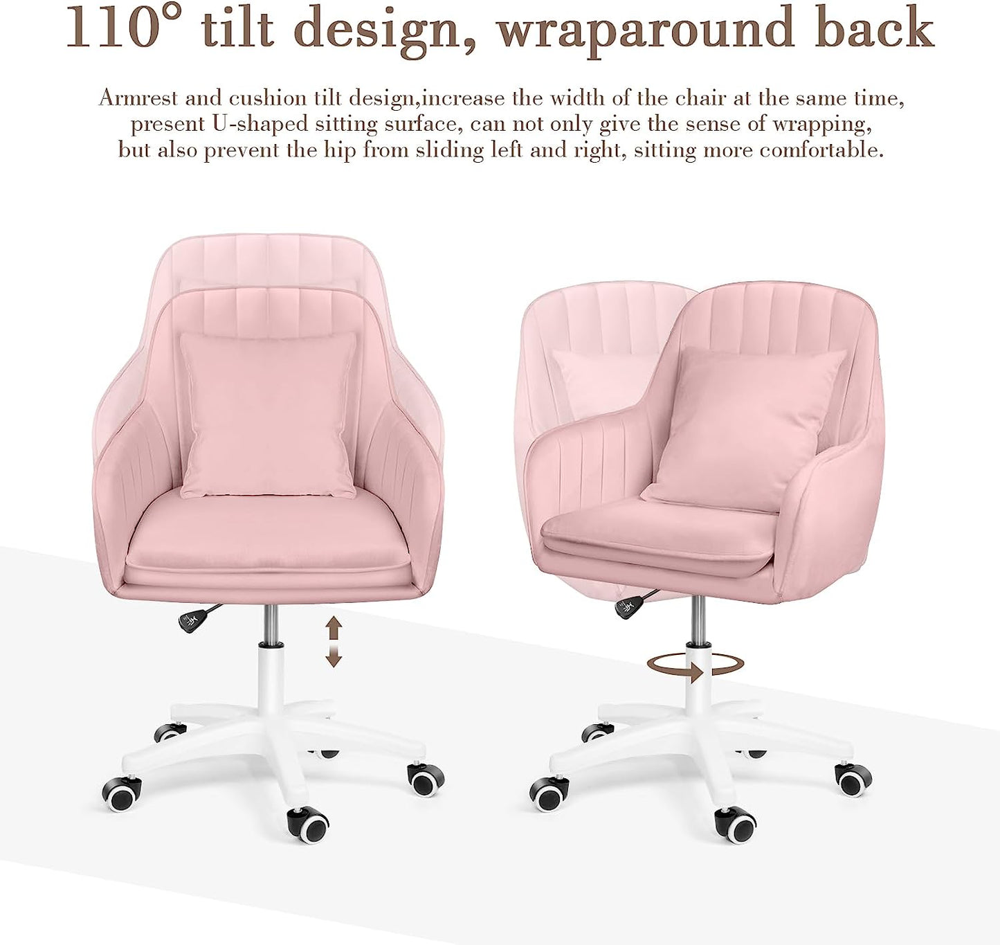 Upholstered Modern Tufted Computer Chair - Office Chairs, Task Chair Swivel Height Adjustable Velvet Accent Chair with Wheels for Living Room Bedroom (Modern, Pink)