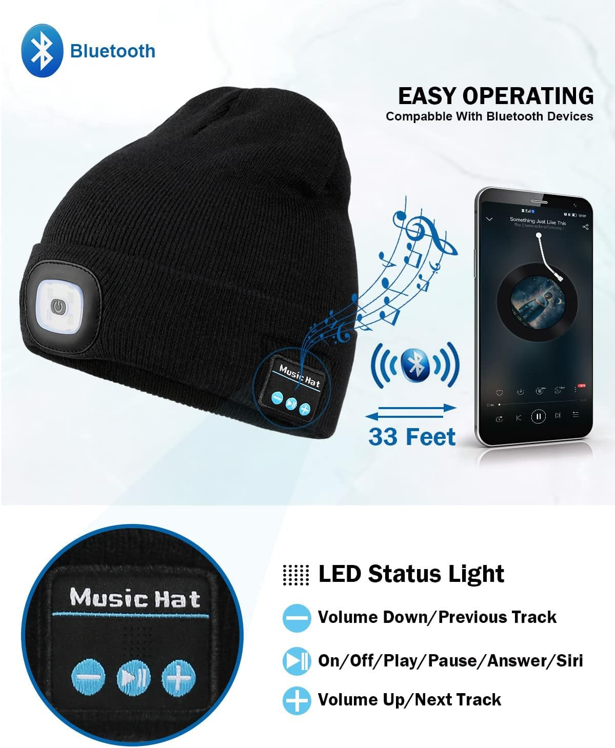 Unisex Bluetooth Beanie Hat with Light, 4 LED USB Rechargeable Knit Music Hat with Wireless Headphones, Tech Gadgets Gifts for Men, Dad, Husband, Teen, Boyfriend, Him, Stocking Stuffers