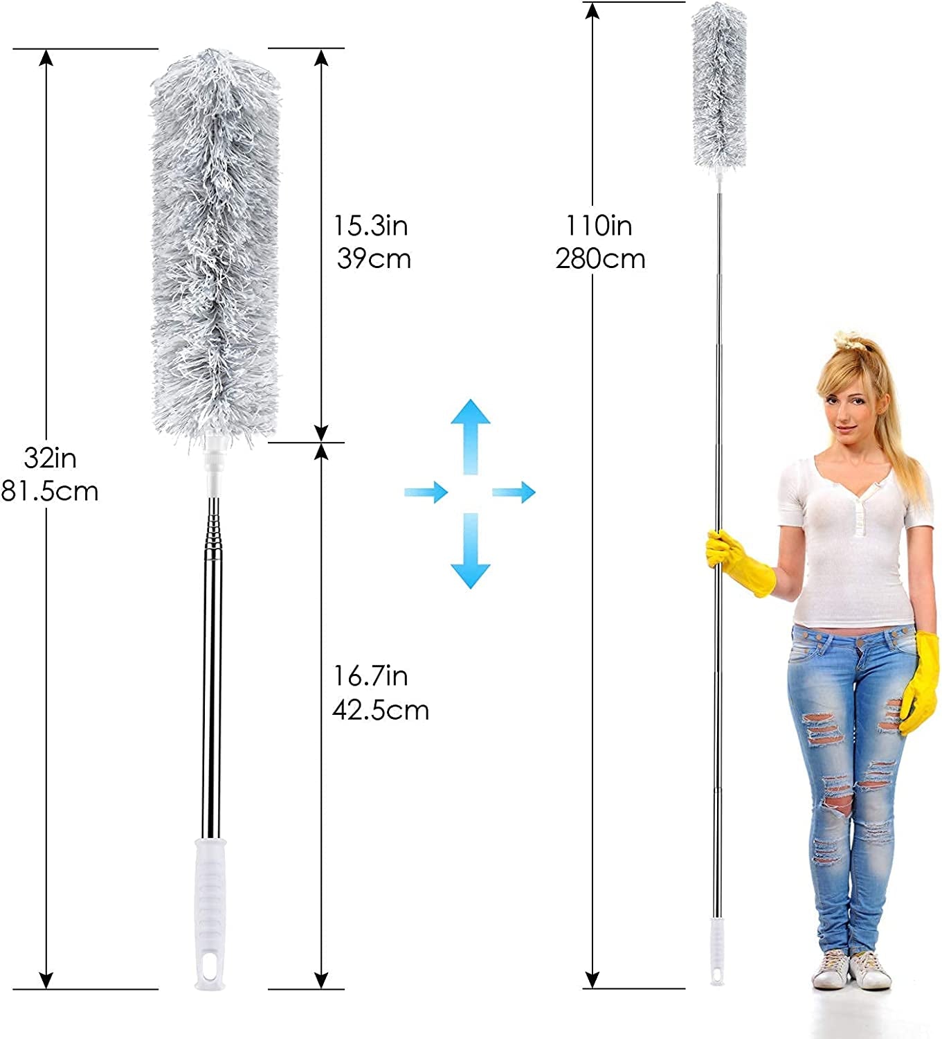 Telescoping Microfiber Duster with Stainless Steel Extension Pole - Detachable Bendable Head, Ideal for Cleaning Ceiling Fan, High Ceilings, and Furniture