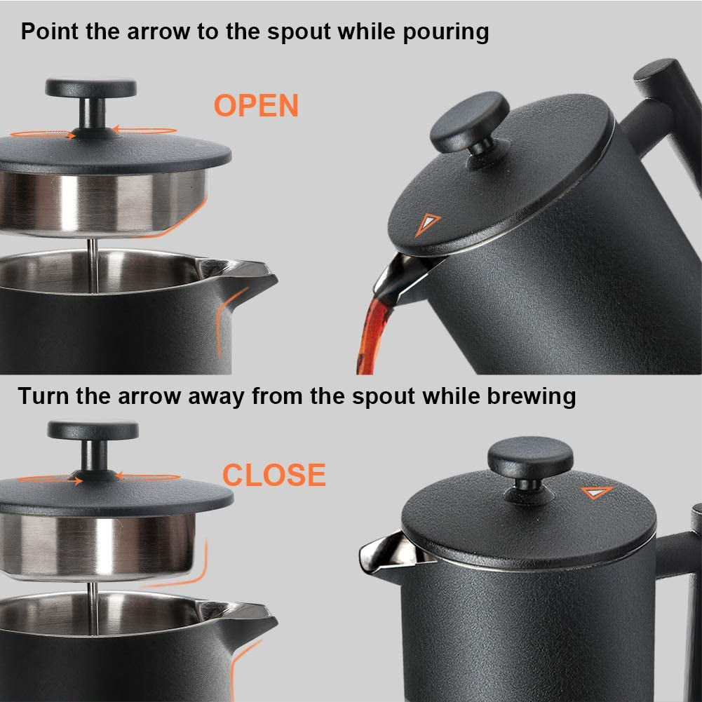 34oz (1 Litre) French Press Coffee Maker, 304 Grade Stainless Steel Insulated Coffee Press with 2 Additional Screens, Black