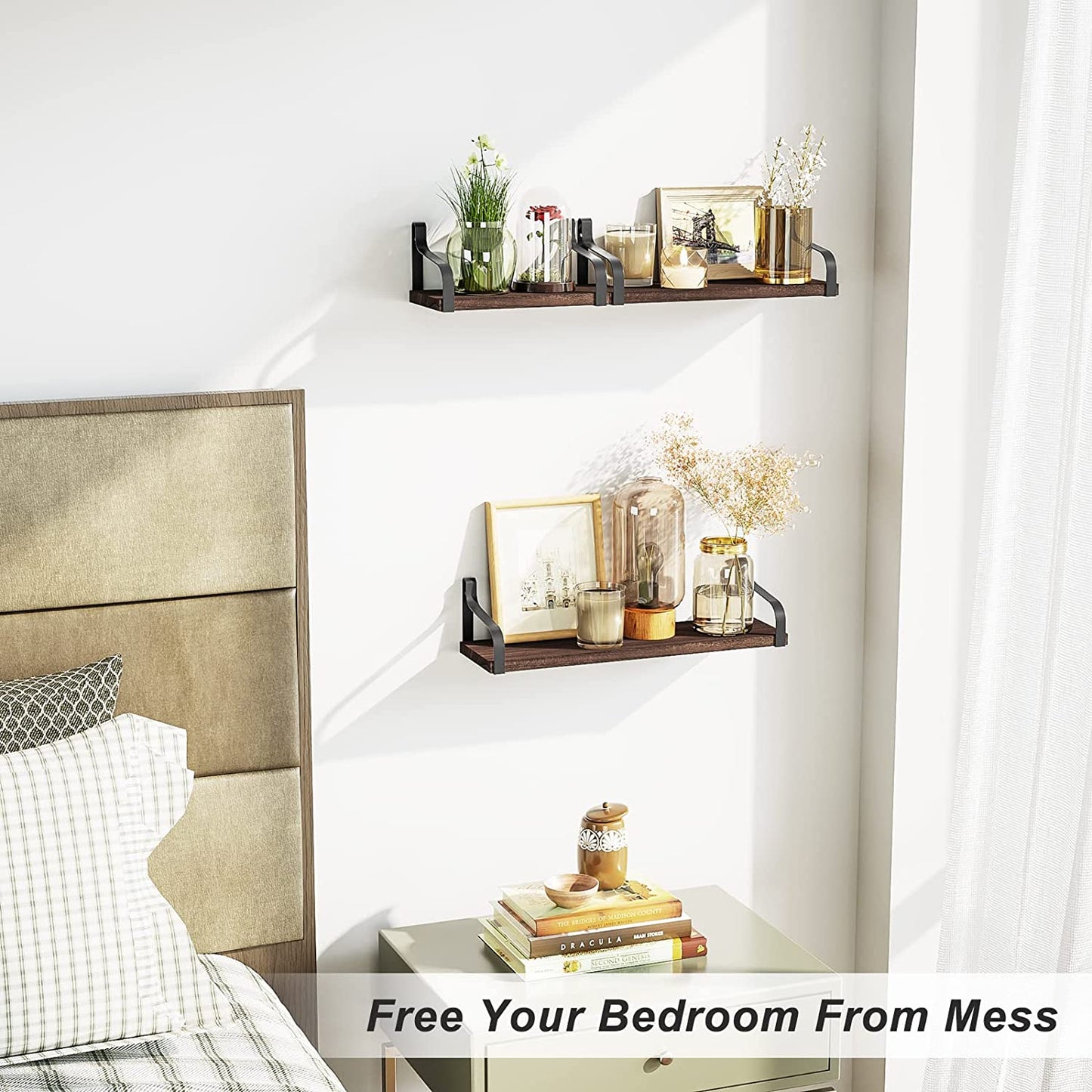 Set of 3 Floating Shelves - Wall Mounted - Rustic Wood Design - Ideal for Bedroom, Living Room, Bathroom, Kitchen, Office, and More - Color: Dark Walnut - Offers Stylish Wall Storage.