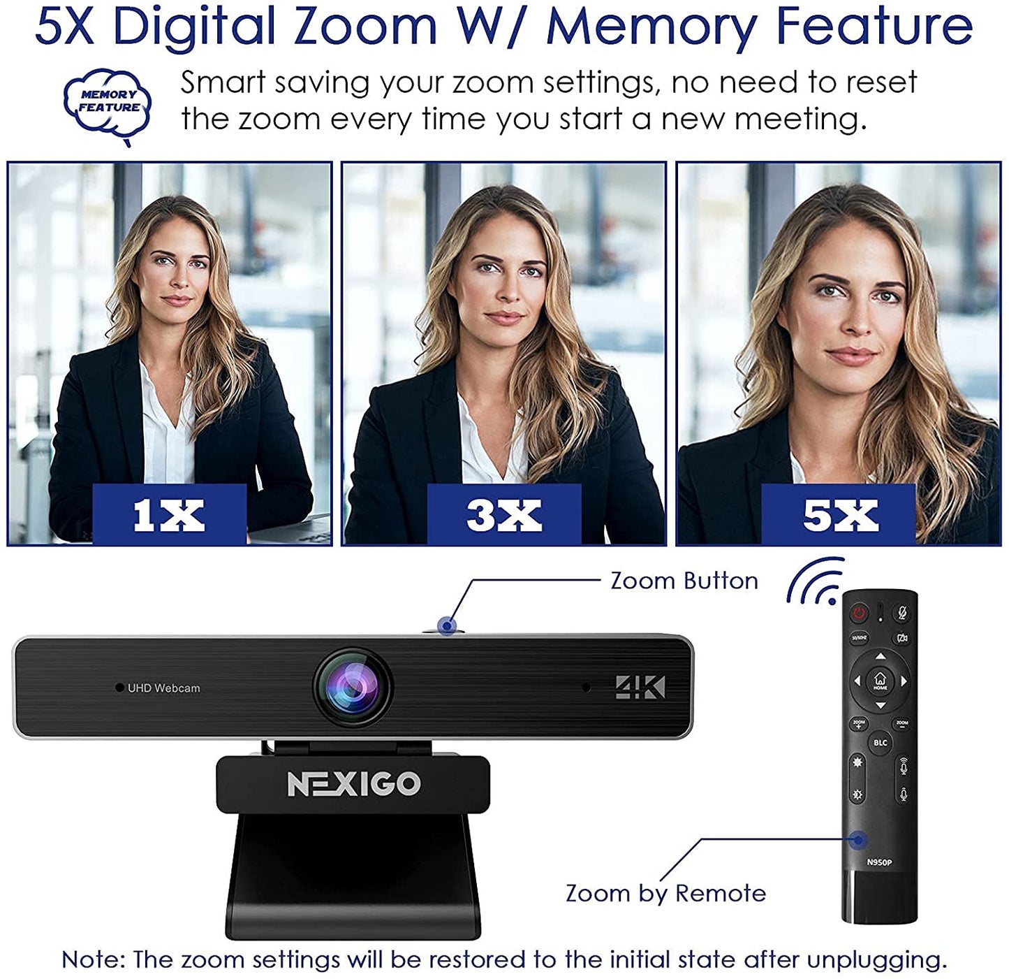 Zoom-Certified 4K Webcam with Remote Control and Sony Starvis Sensor - 5X Digital Zoom, Dual Stereo Mics - Perfect for Zoom, Skype, Teams, Twitch