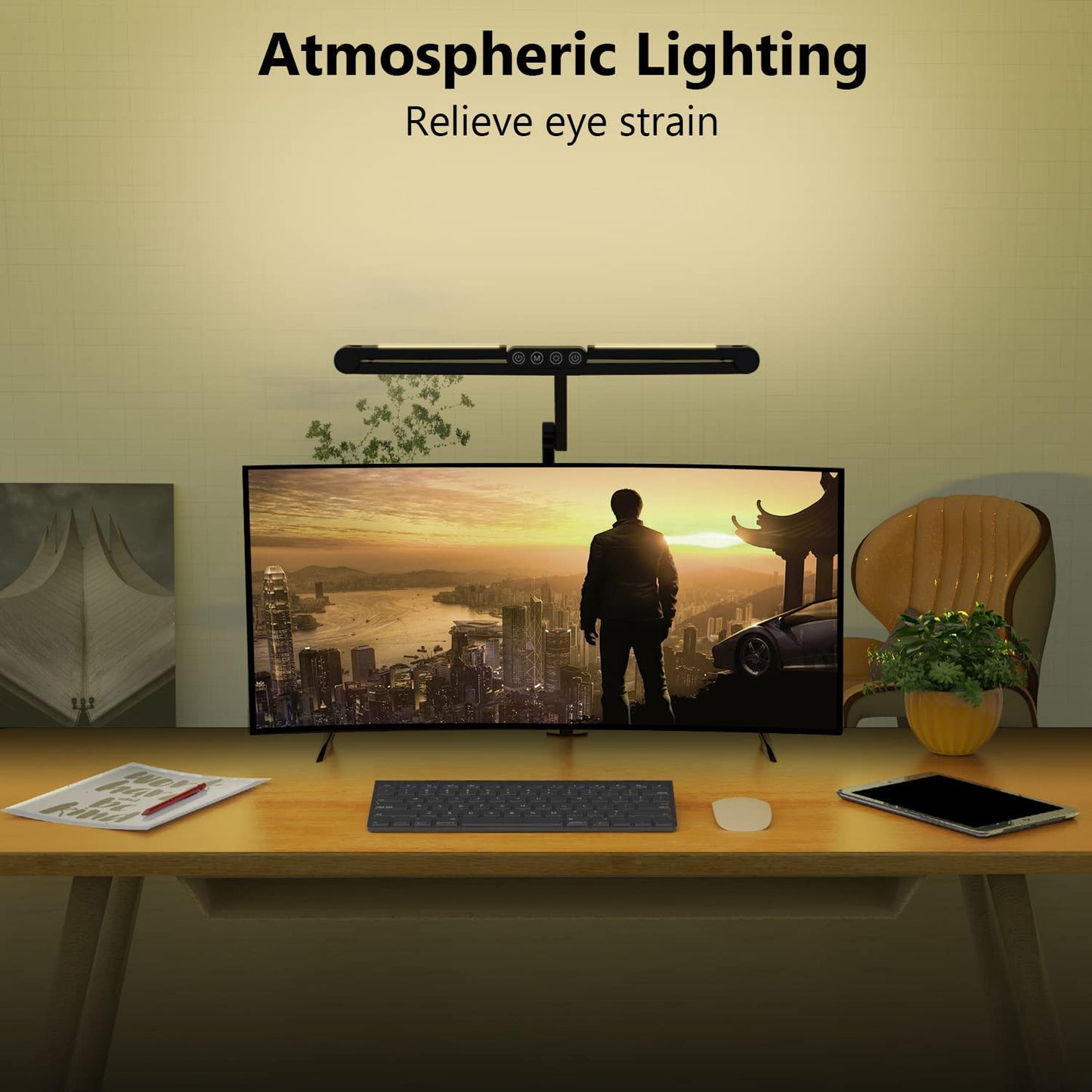 Architect Desk Lamp: LED Desk Lamp with Clamp for Home Office, Featuring Atmosphere Lighting, 24W Ultra Bright Auto Dimming, Stepless Dimming, and Tempering LED Table Light