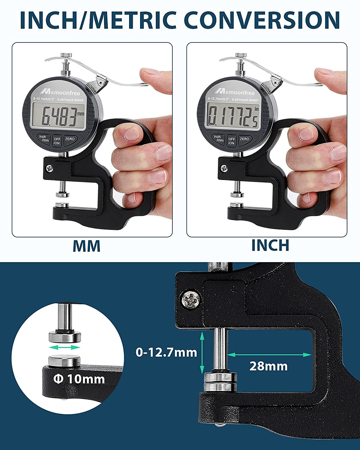 Electronic Digital Thickness Gauge with LCD Display, Unit Conversion, Storage Case, and Extra Battery - 0.001mm/0.00005" | 0-12.7mm/0.5" Micrometer Thickness Meter
