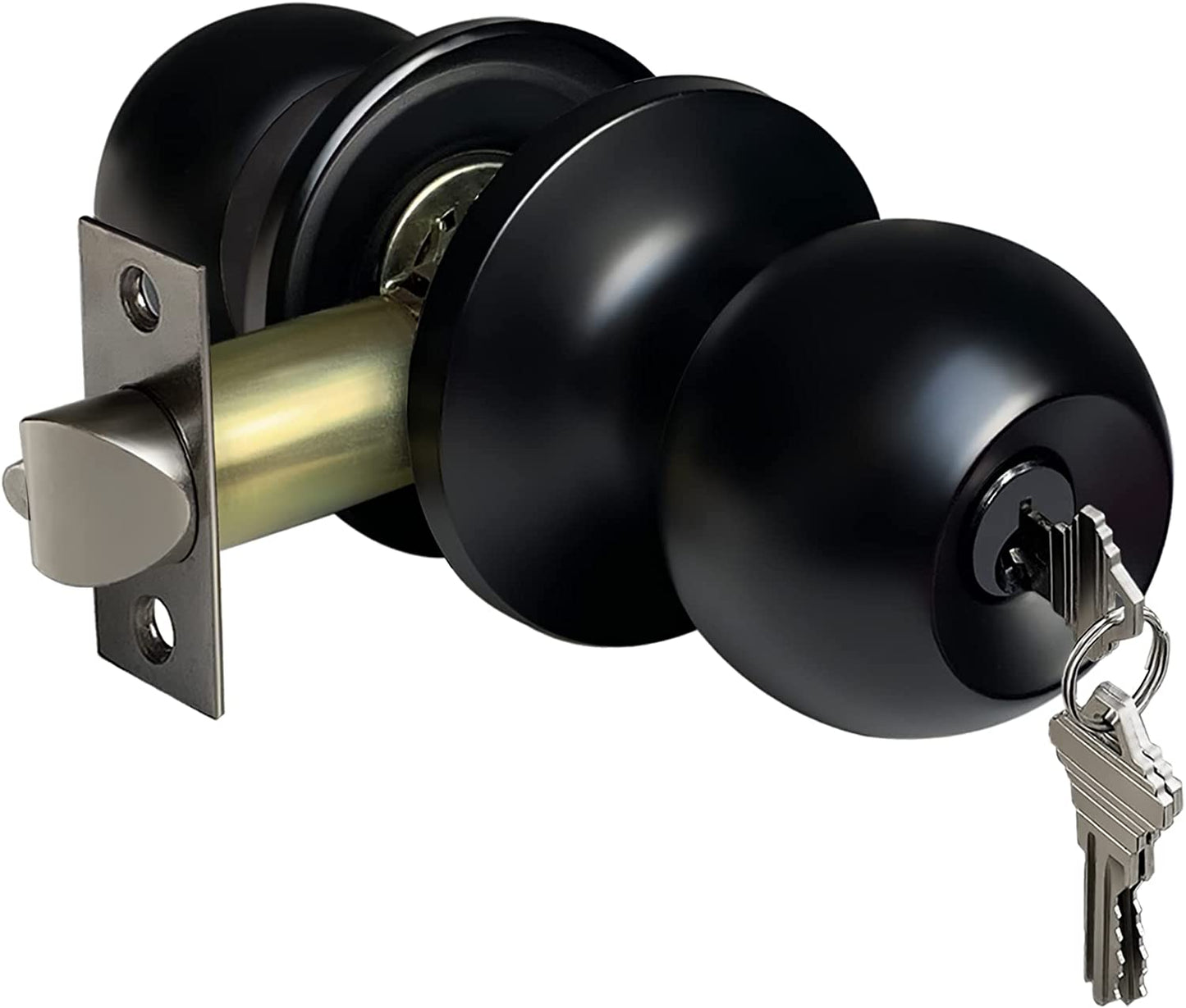 Matte Black Keyed Entry Door Knob - A Standard Ball-Shaped Entrance Door Lock with a Key, Constructed from All Metal for Durability.