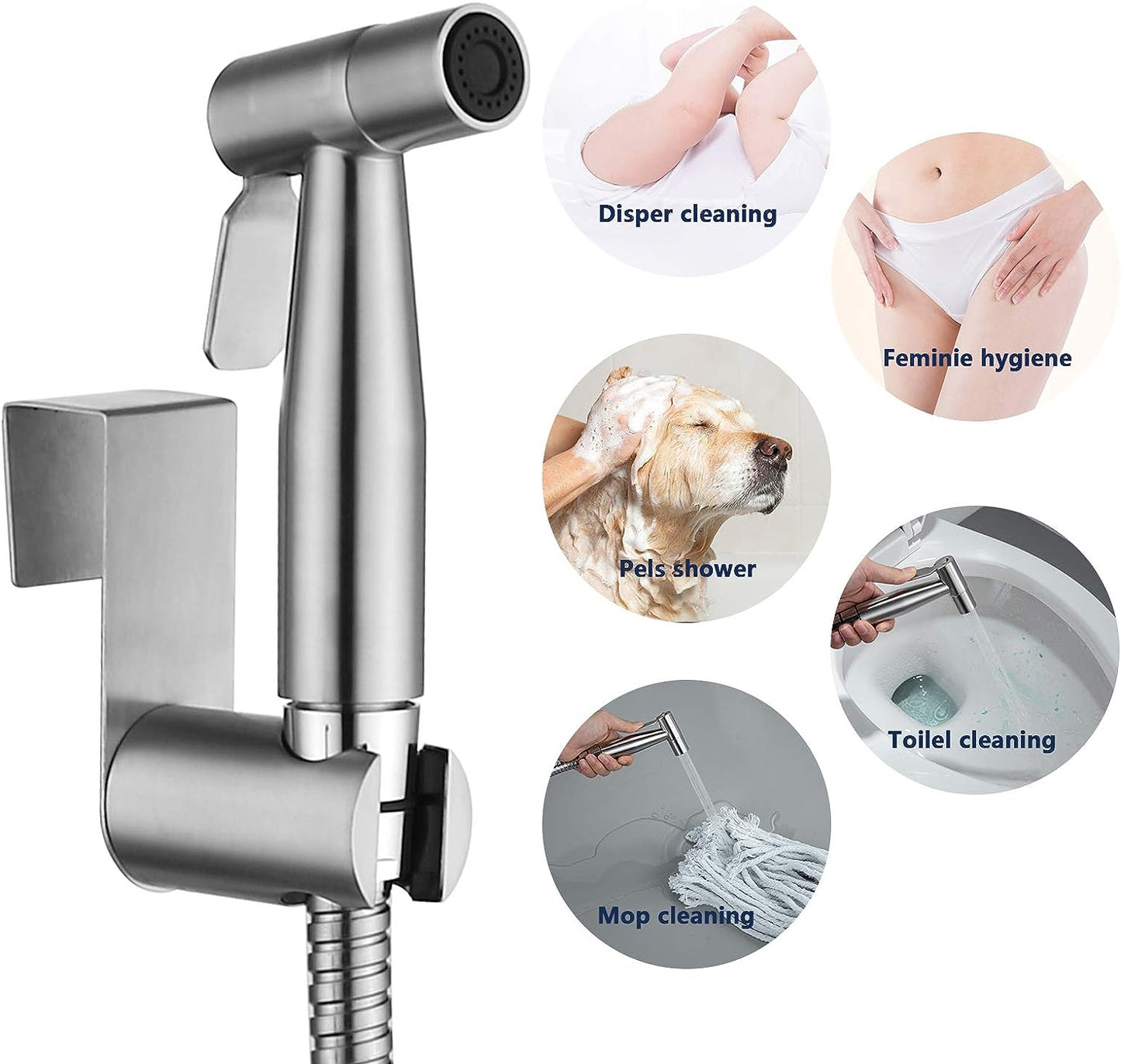 Brushed Nickel Handheld Bidet Sprayer Kit for Toilet - Wall Mounted or Holder Hook Installation, Ideal for Cloth Diaper Spraying, Includes Complete Accessories.