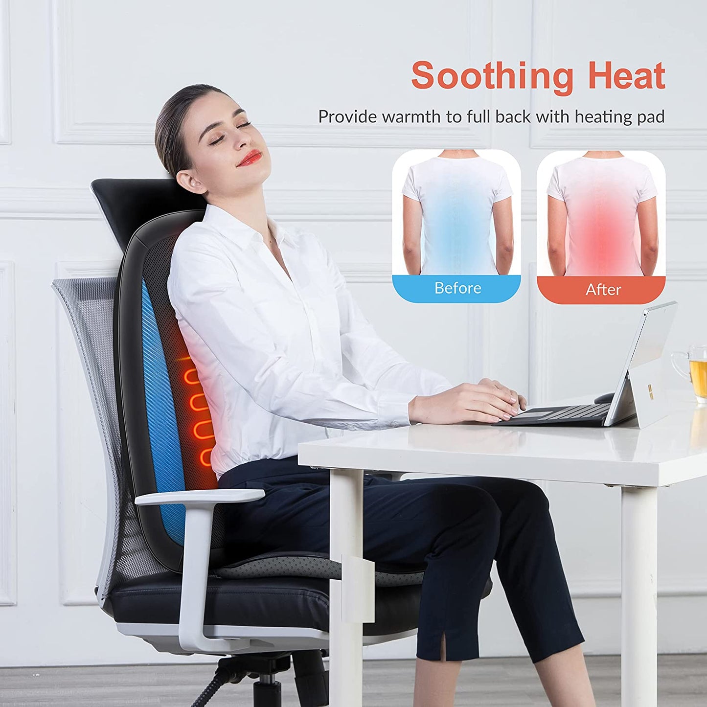 Heat-Enabled Shiatsu Back Massager: Deep Tissue Kneading Massage Seat Cushion, Suitable for Full Back, Electric Body Massager for Home or Office Chair Use