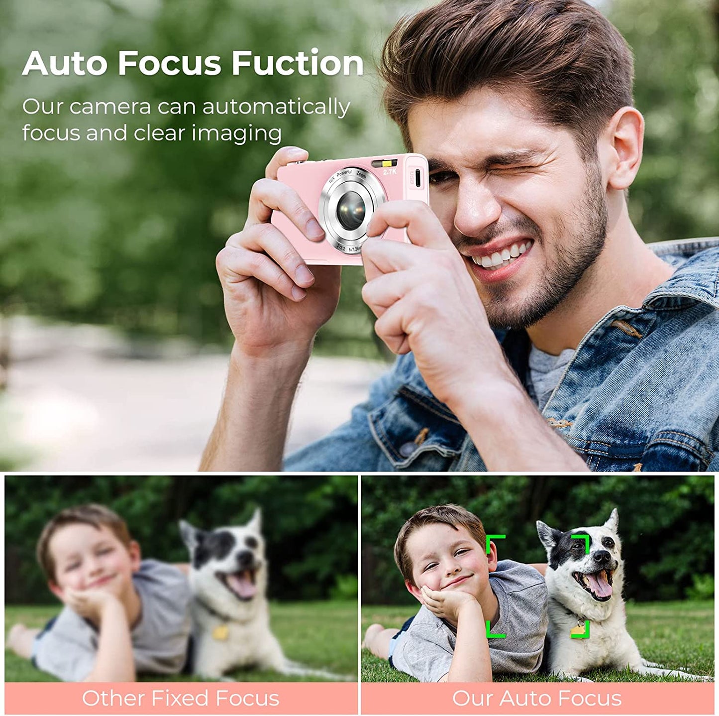 Auto Focus Digital Camera - A 2.7K Vlogging Camera with HD 48MP resolution, 16X Digital Zoom, and it includes a 32GB Memory Card, 2 Batteries, and a Charger. This portable, compact camera is suitable for Kids, Teens, Adults, and Beginners. Color: Pink.