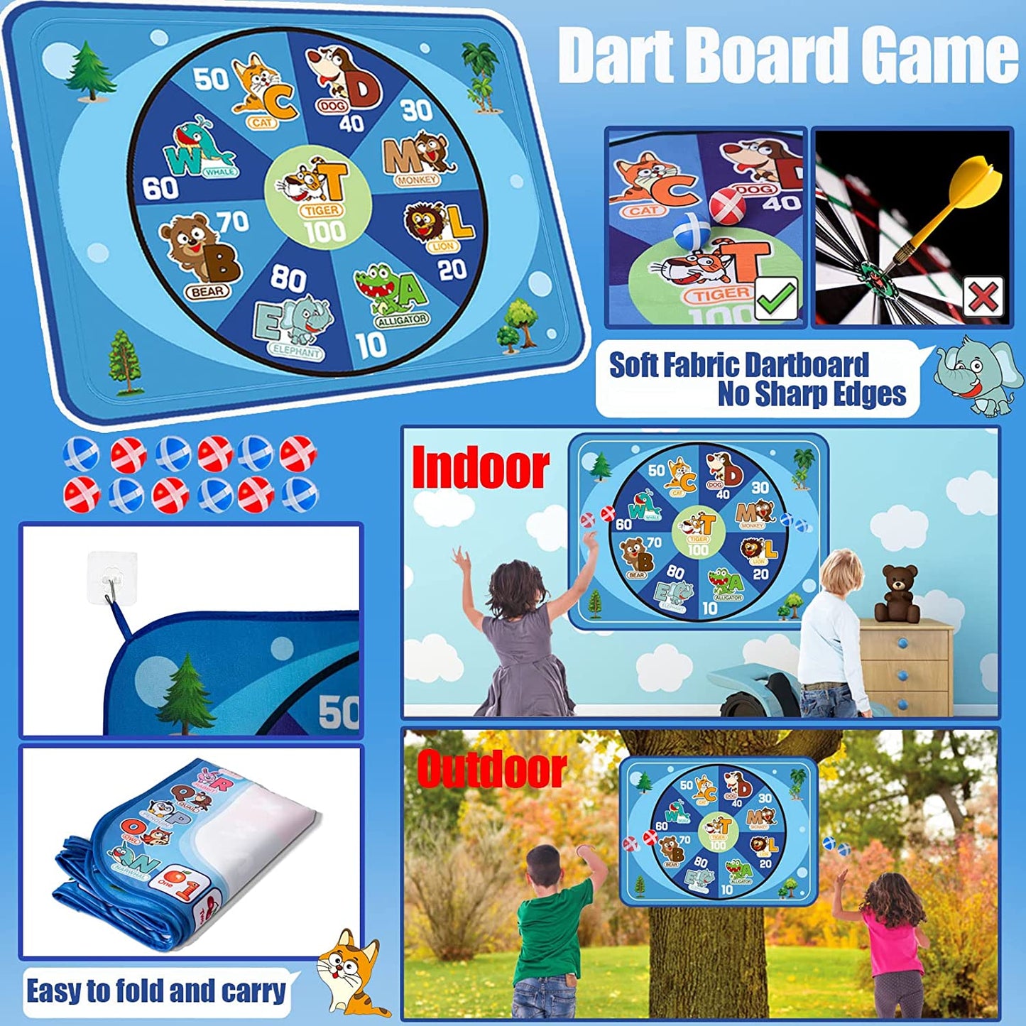 2-in-1 Educational Toys for Kids: Doodle Mat and Kids' Dartboard. Includes a Dartboard for Kids and a Mess-Free Water Aqua Doodle Mat for Toddlers, Suitable for Boys and Girls Age 3-12 Years Old for Indoor and Outdoor Play.