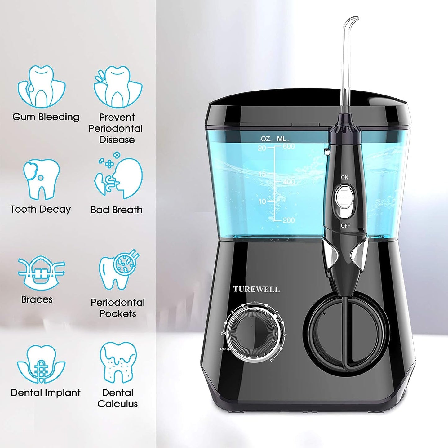 Dental Water Flosser - 600ML Electric Oral Irrigator with 10 Pressure Settings, Countertop Teeth Cleaning Device, 8 Replaceable Jet Tips - Suitable for Whole Families (Black)
