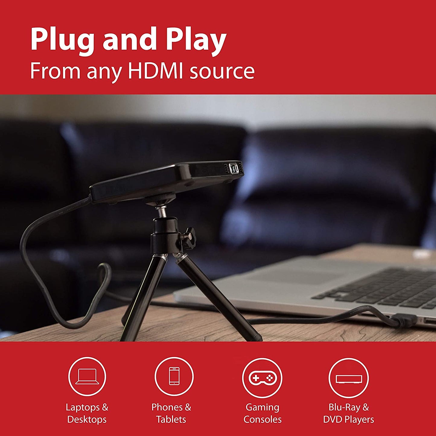 PP60 LED Pocket Pico Video Projector - Compact Design with HDMI, Rechargeable Battery, Built-In Speaker, and DLP Technology. Enjoy a 60" Hi-Resolution Display for Streaming Movies, Presentations, and Content from Smartphones, Tablets, and Laptops.