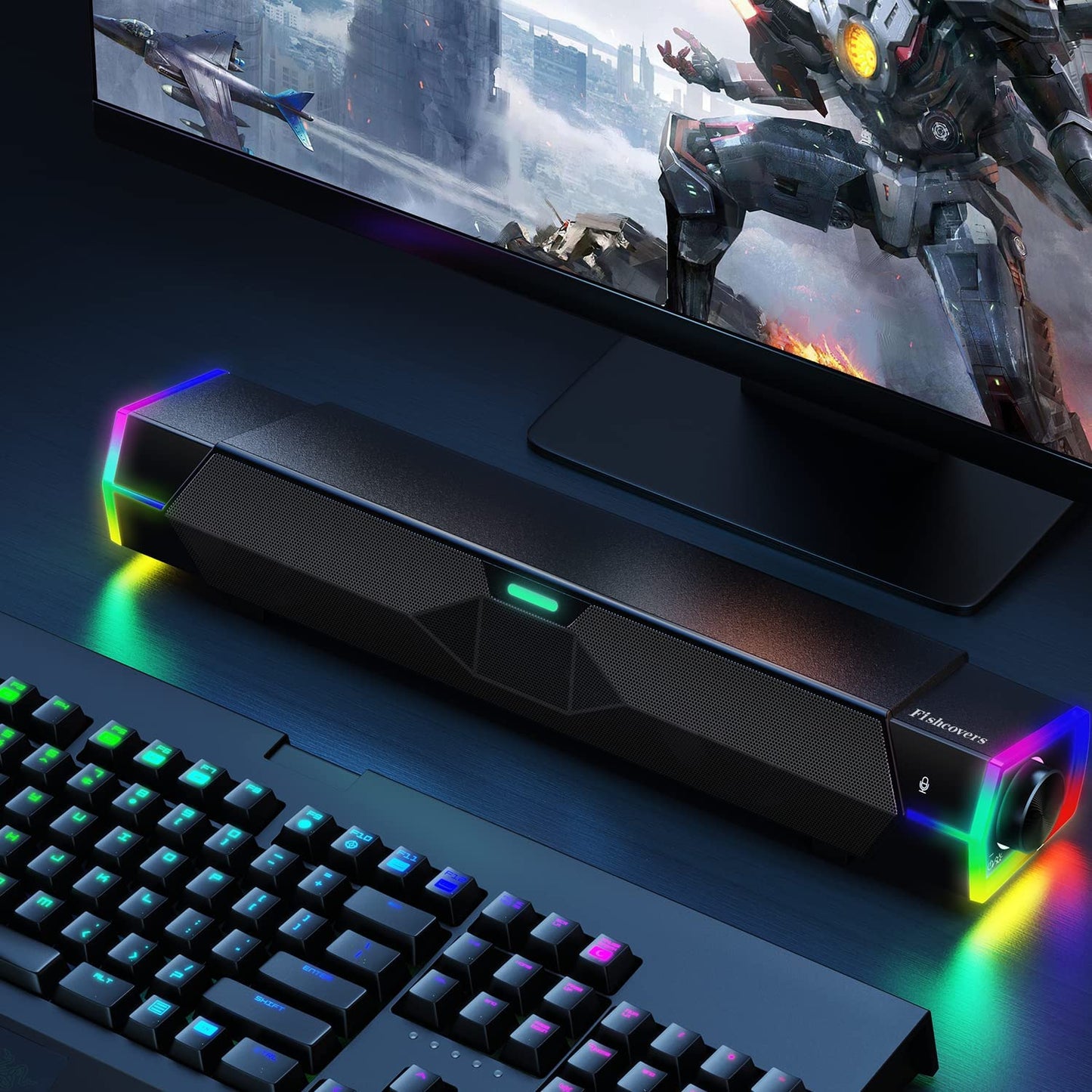 RGB Computer Speakers: Bluetooth Sound Bar for PC Desktop Monitor. USB Powered PC Speakers for Laptop, offering Hifi Stereo Sound and Gaming with Microphone.