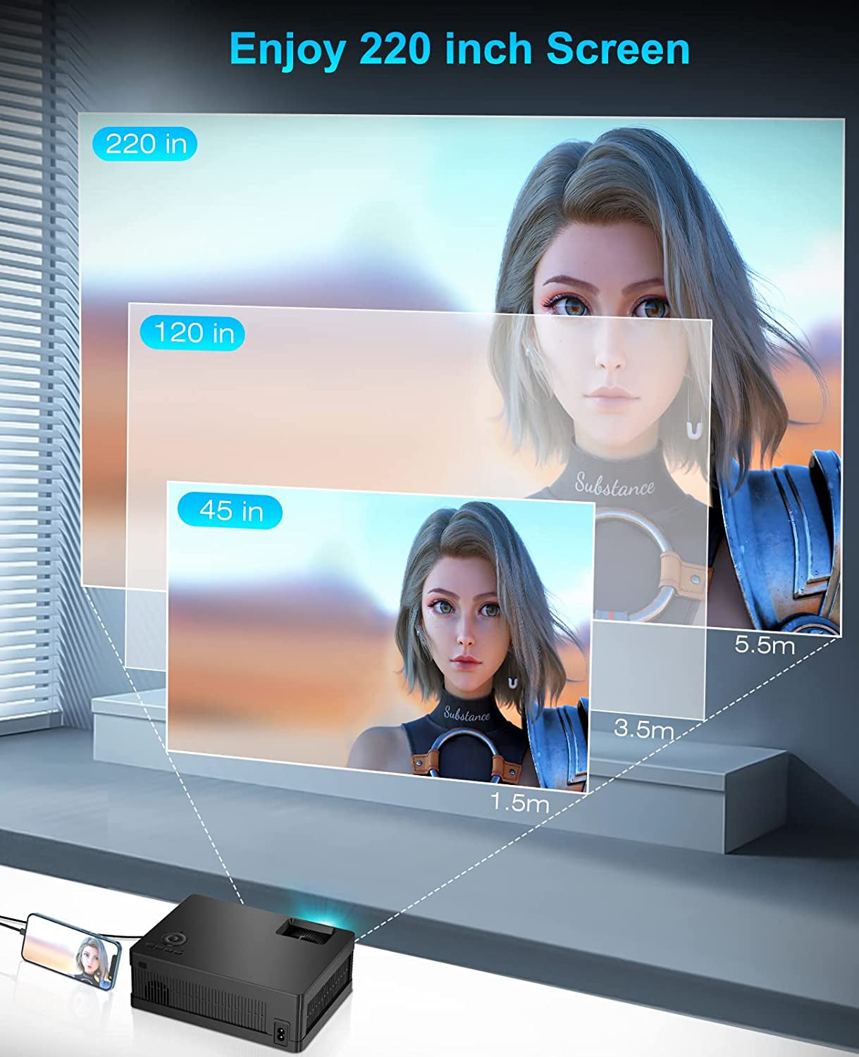 Full HD 1080P Movie Projector with 100" Screen and 9500 Lumens - Enjoy a 220" Outdoor Projection Home Theater Experience. Compatible with TV Stick, Video Games, HDMI, USB, TF, VGA, AUX, and AV