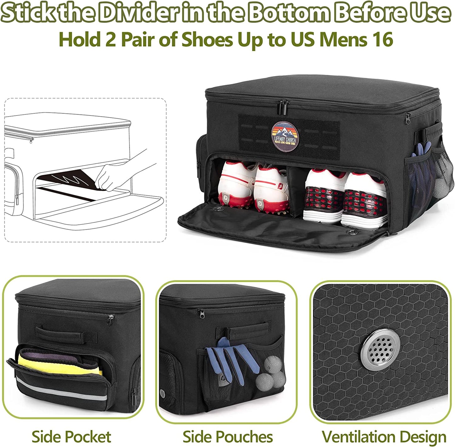 Golf Trunk Organizer with Dedicated Shoe Compartment (Fits US Men's 16), Golf Car Locker Storage for Balls, Tees, Clothing, Gloves, and Accessories