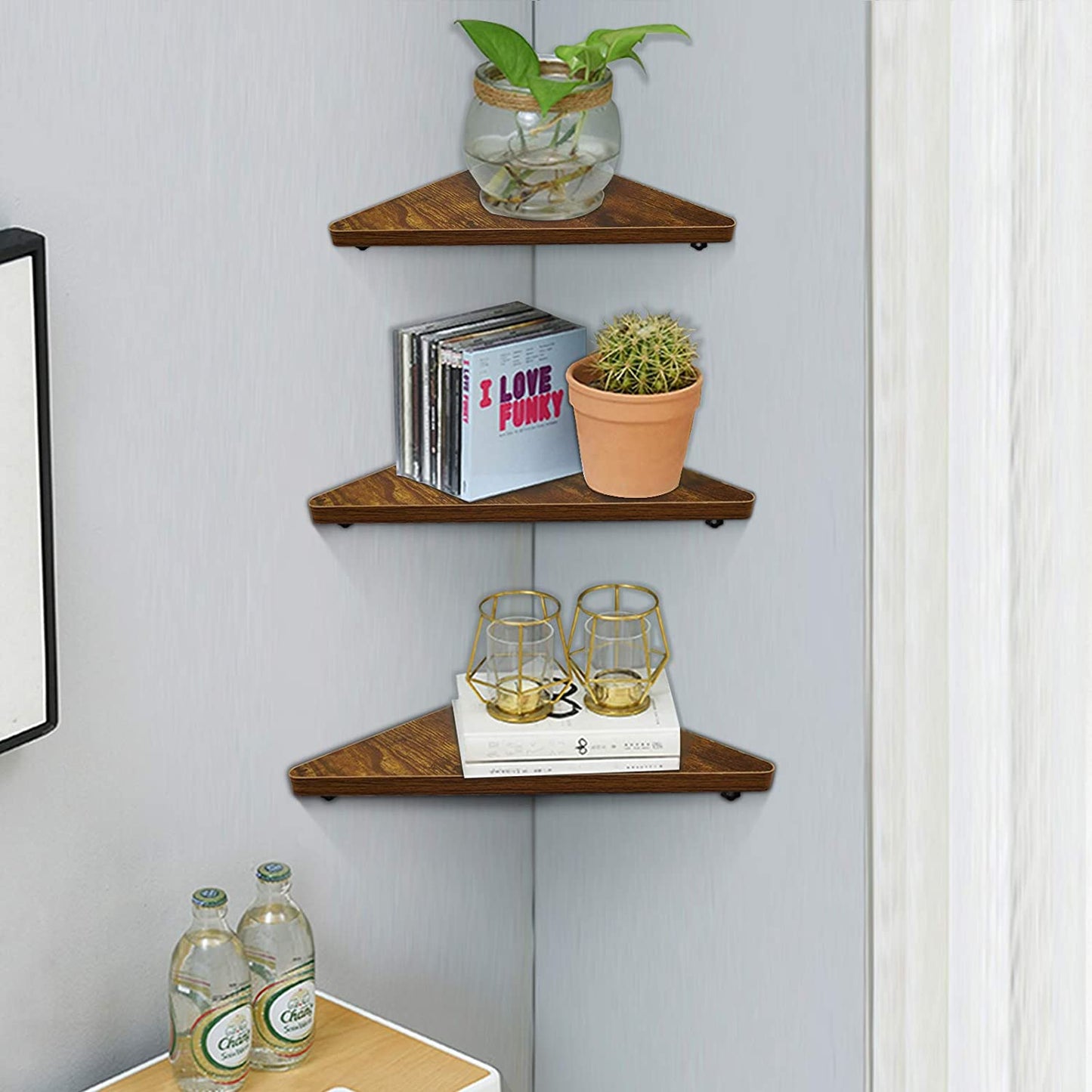 Pack of 6 Rustic Wood Corner Wall Shelves - Designed for Home, Kitchen, Bedroom, Living Room, Office, and Nursery - Adds Functional and Decorative Storage.