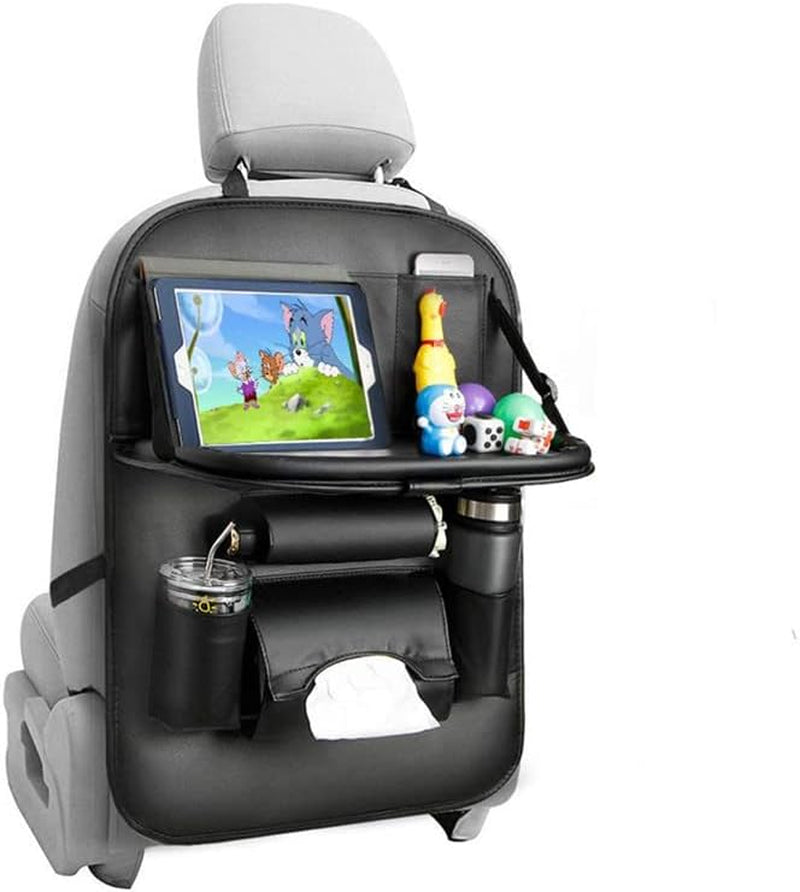 Car Organizer Backseat: Featuring a Foldable Tray Table and 8 Storage Pockets. Made of Waterproof PU Leather, includes Tablet Pocket, Tissue Box, and Car Seat Protector Kids Kick Mat. Multifunctional Car Organizer sold as a 1-Piece set.