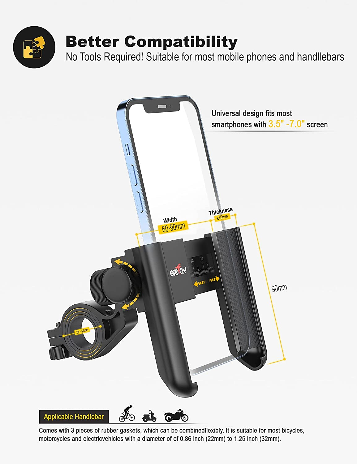 Universal Bike Phone Mount with Quick Release, Anti-Shake Bicycle Phone Holder for Road Bike/MTB/Scooter - 360° Rotation, Suitable for 3.5-7.0 inch Smartphones