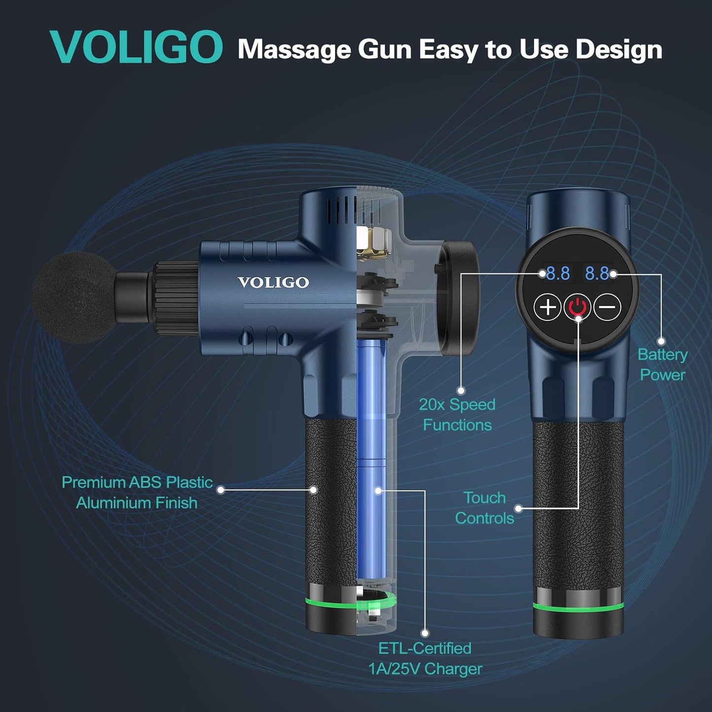 Deep Tissue Muscle Percussion Massage Gun - Handheld Body Massager for Athletes' Pain Relief and Relaxation, Ultra-Quiet Brushless Motor, Wireless with 20-Speed Levels