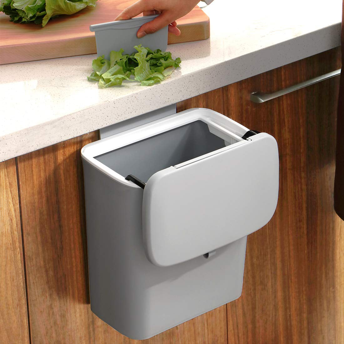 2.4 Gallon Hanging Kitchen Compost Bin: Designed for Countertop, Under Sink, or Wall-Mounted Installation. Features a Lid and is Suitable for Cupboards, Bedrooms, Offices, Camping, and Indoor Composting - Gray