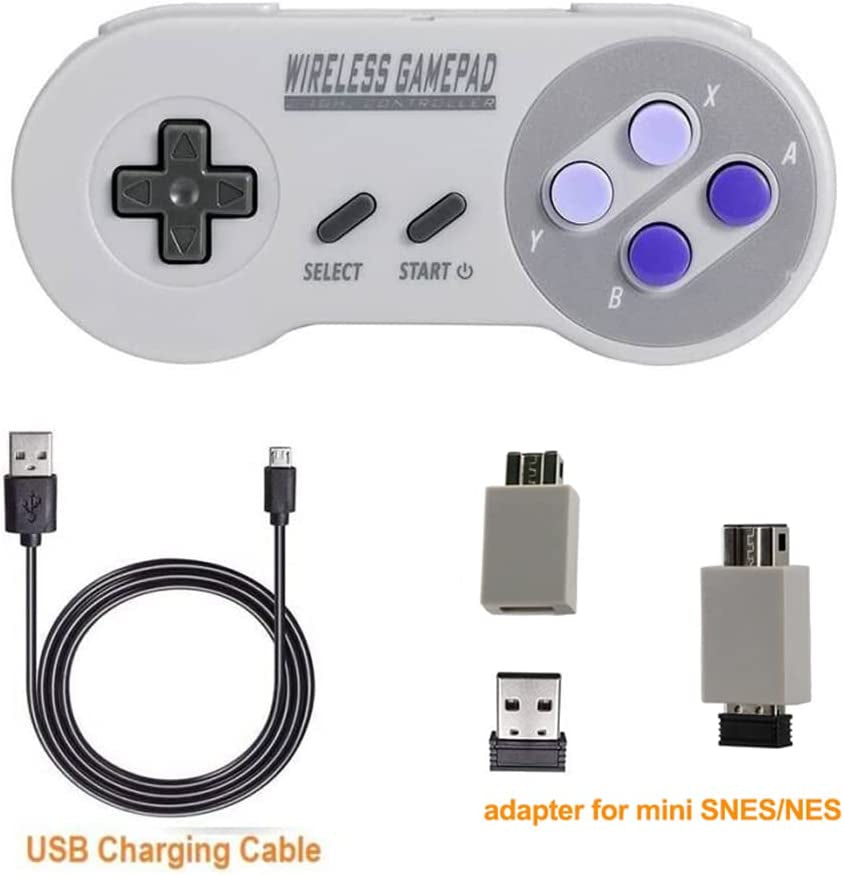 Mini SNES Wireless Controller (Classic Edition/Mini NES) - Not Compatible with Copied Console Gamepads. Includes USB Wireless Receiver for Switch, Windows, iOS, Linux, and Android Devices. Comes in a 2-Pack.