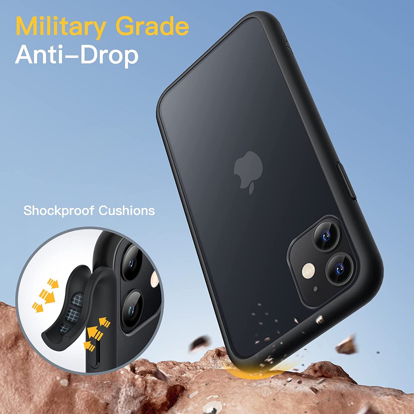 iPhone 11 6.1-Inch Matte Case - Military Grade Shockproof Drop Protection, Frosted Translucent Back Cover, Anti-Fingerprint - Black