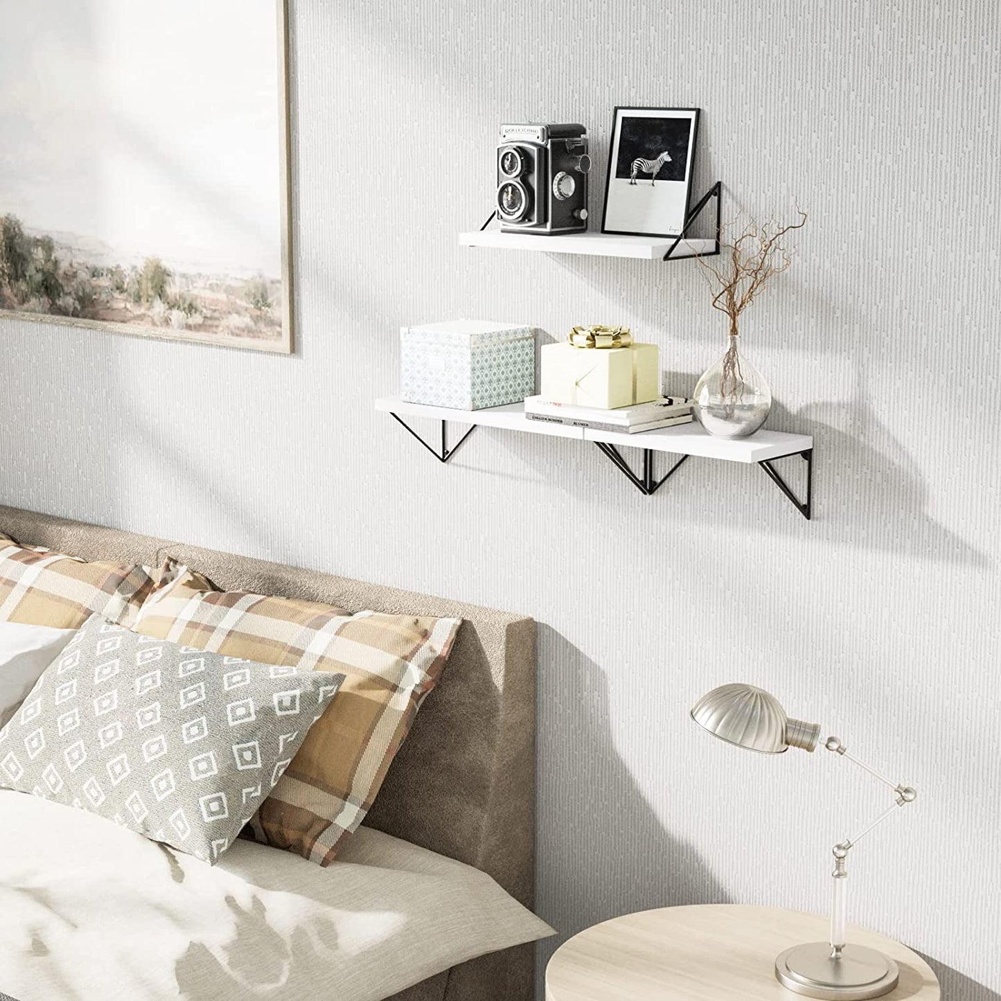 Set of 3 Floating Shelves - Wall Mounted - Rustic Design - Suitable for Bedroom, Bathroom, Living Room, and Kitchen - Color: White - Offers Stylish Wall Storage.