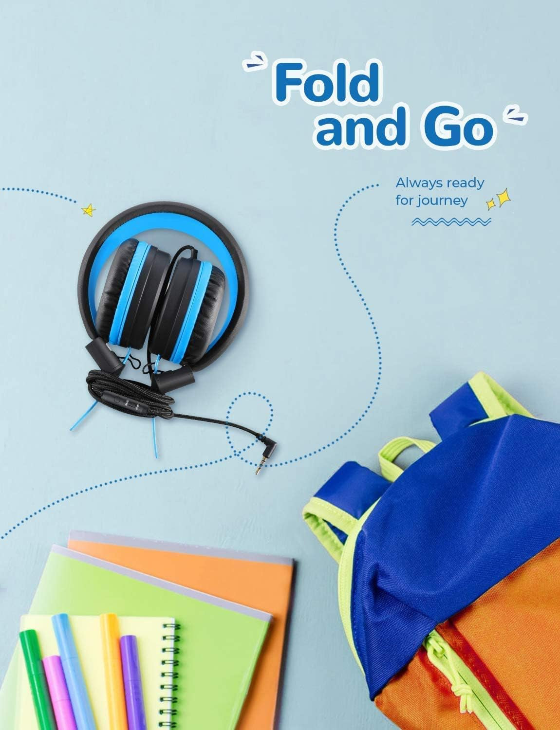 Kids Headphones with Microphone - Volume Limited 85dB/94dB, 2 Pack - Wired Headphones for Boys and Girls, Foldable Design for Online School, Travel, and iPad - Black and Pink