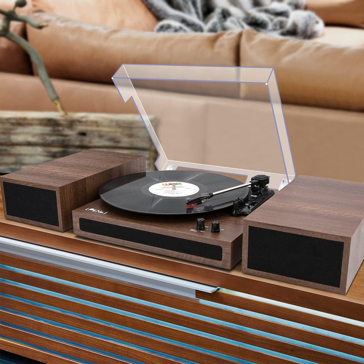 Wireless Record Player with Stereo Bookshelf Speakers - A Vinyl Record Player that supports Bluetooth, features Auto-Stop, and comes in a Walnut Wood design.