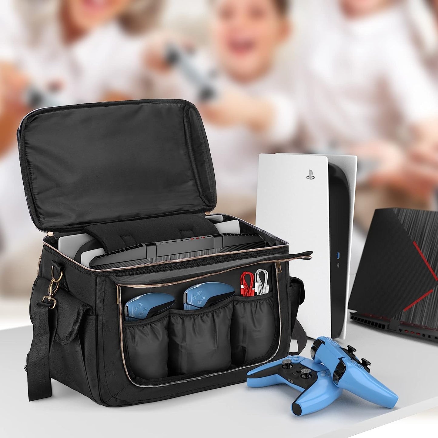 Protective Travel Carry Case Storage: Gaming Console Bag Compatible with PS5, PS4, Xbox One. Features Patented Design. Includes Compartments for Controllers, 15.6" Laptop, Monitor, Headsets, Gaming Discs, Charger, and More Gaming Accessories.