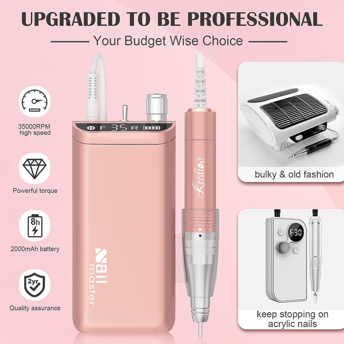 Portable Electric Nail Drill Machine: A Rechargeable, Professional Nail E File Drill with 35000 RPM. Ideal for Acrylic and Gel Nails, Polish Removal, and Nail Shaping. Includes 10 Bits and Sanding Bands, and it comes in a stylish Rose Gold color.