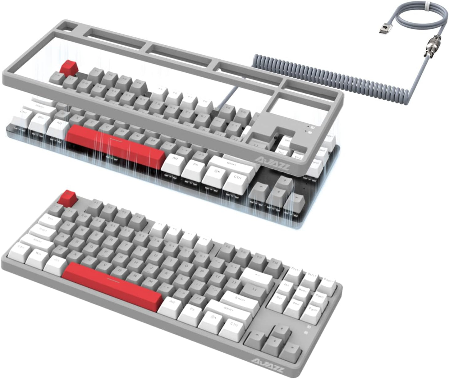 AK873 Wired 87 Key TKL Mechanical Gaming Keyboard - Rainbow Backlit, Hot-Swap Linear Red Switch, NKRO, Gasket, Custom Coiled Aviator USB-C to USB-A Cable. Designed for Win, PC, Mac, PS4, Switch, Xbox Gamers White Grey