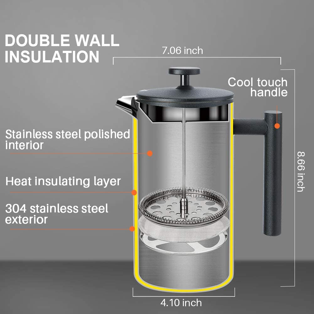 34oz (1 Litre) French Press Coffee Maker, 304 Grade Stainless Steel Insulated Coffee Press with 2 Additional Screens, Black