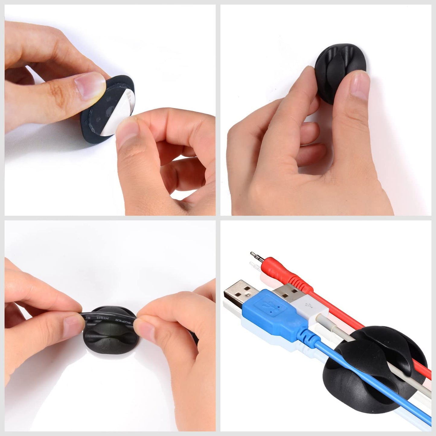 24-Piece Adhesive Silicone Cable Clips for Desk Cable Management - Black and Grey