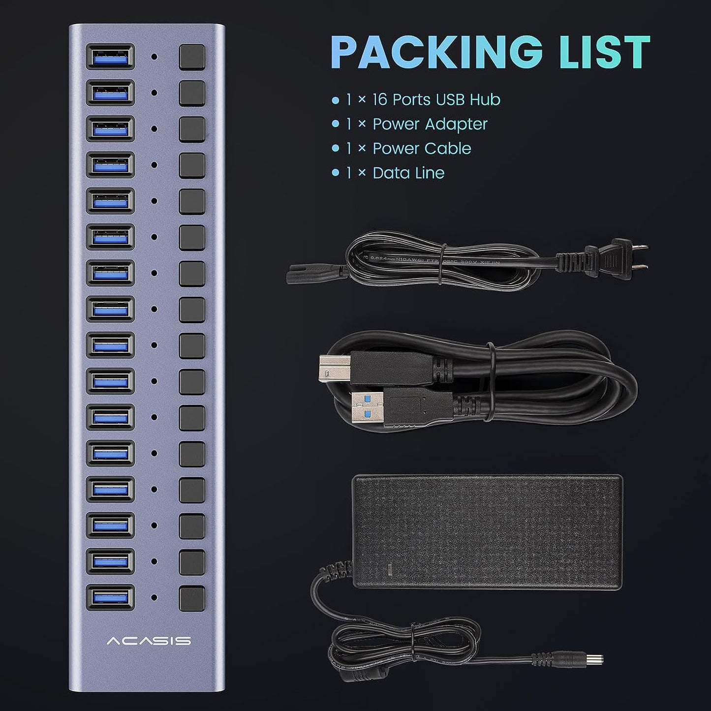16-Port USB 3.0 Powered Hub with Individual On/Off Switches and High-Speed Data Transfer