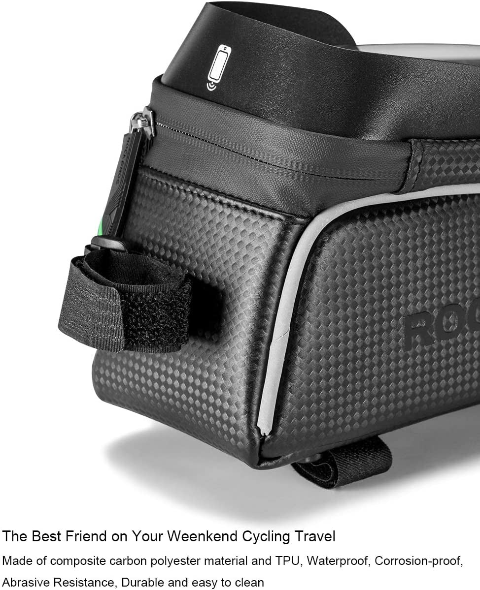 Waterproof Bike Phone Bag - Top Tube Bicycle Front Frame Pouch for iPhone Xs Max, Samsung S10 - Bike Accessories Bag with Phone Holder - Compatible with iPhone 11 Pro Plus