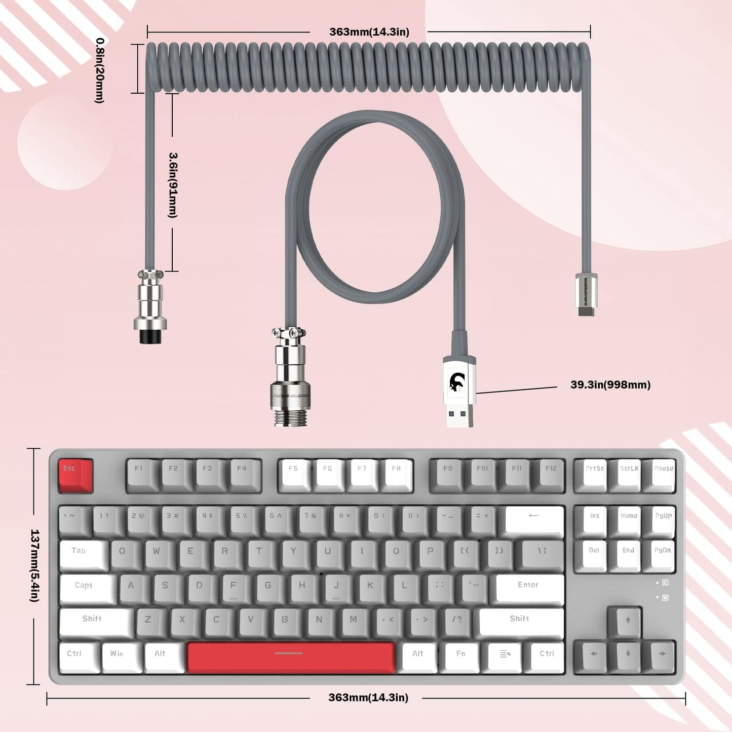 AK873 Wired 87 Key TKL Mechanical Gaming Keyboard - Rainbow Backlit, Hot-Swap Linear Red Switch, NKRO, Gasket, Custom Coiled Aviator USB-C to USB-A Cable. Designed for Win, PC, Mac, PS4, Switch, Xbox Gamers White Grey