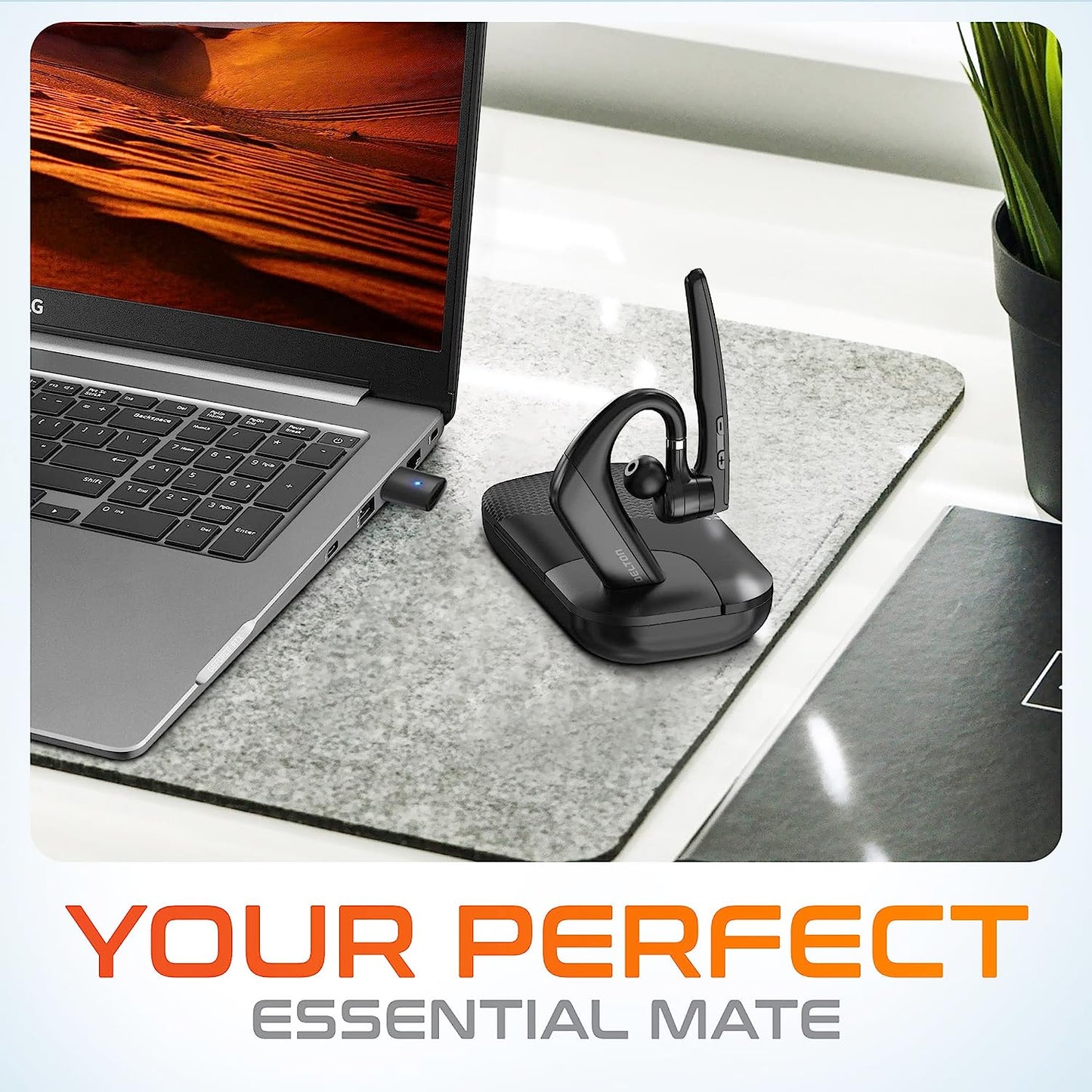 Business Wireless Headset with Noise Cancelling Microphone - Ultralight Bluetooth Headset, Auto-Pair USB Dongle for PC/Laptop, Handsfree Operation, Mute & Volume Buttons, Ideal for Meetings, Skype, Zoom, and Teams