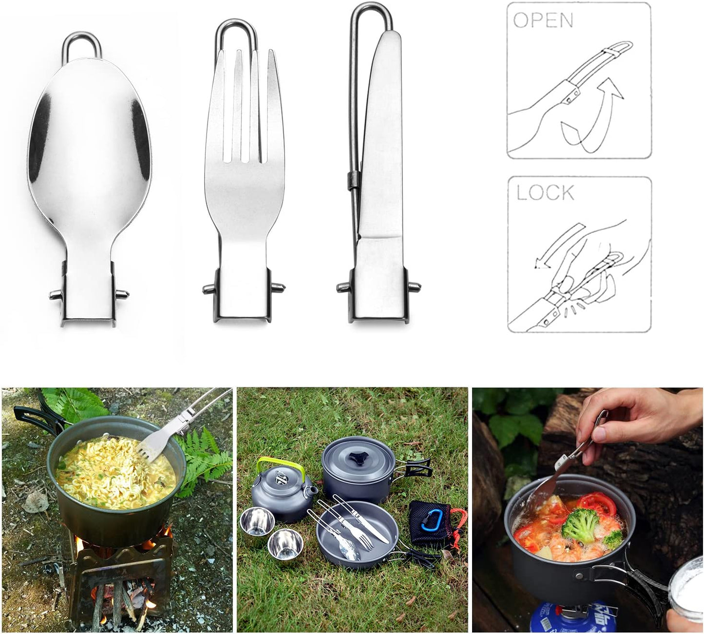 Folding 10pcs Camping Cookware Mess Kit Cookset, Lightweight Pot Pan Kettle with 2 Cups, Fork Knife Spoon Kit for Outdoor Camping Hiking and Picnic