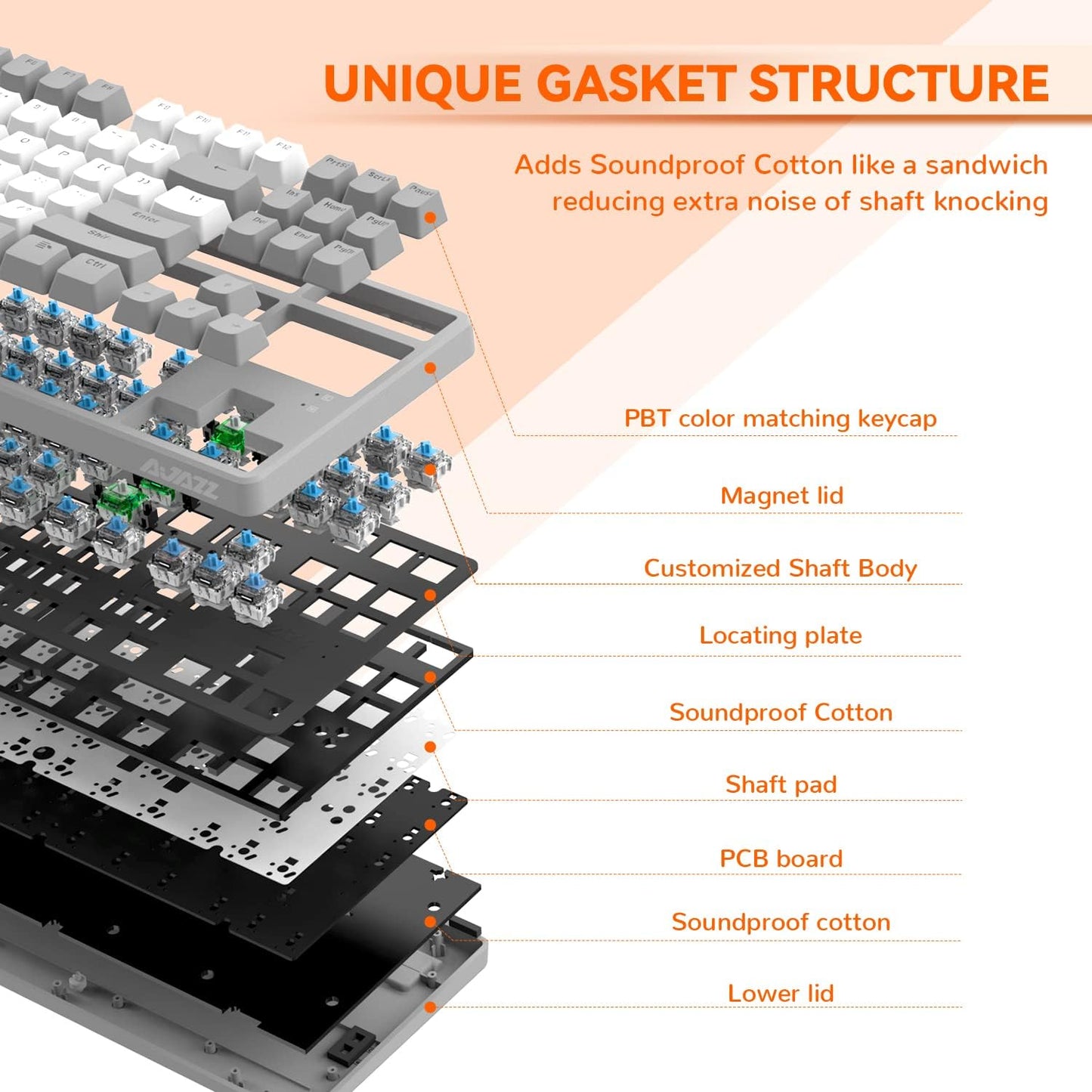 AK873 75% Wired Gaming Keyboard - Hot-Swap Blue Switch, PBT Keycaps, Rainbow LED Backlighting. TKL Ergonomic Mechanical Keyboard with Custom Coiled USB-C Cable for PC, Mac, PS4, Xbox Gamers Grey White