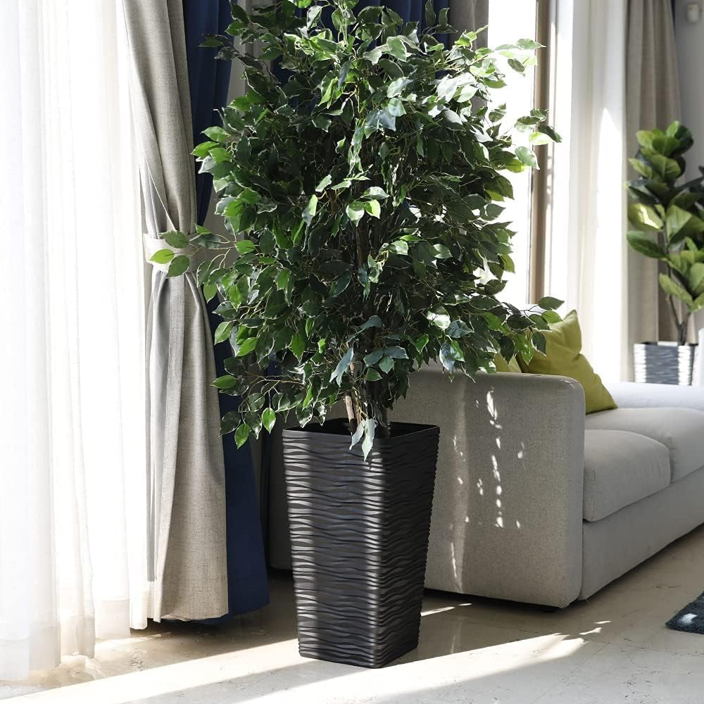 Large Square Planters for Outdoor and Indoor Resin Tree Planting - 22 Inch Modern Matte Wavy Finish Decorative Black Containers - Set of 2