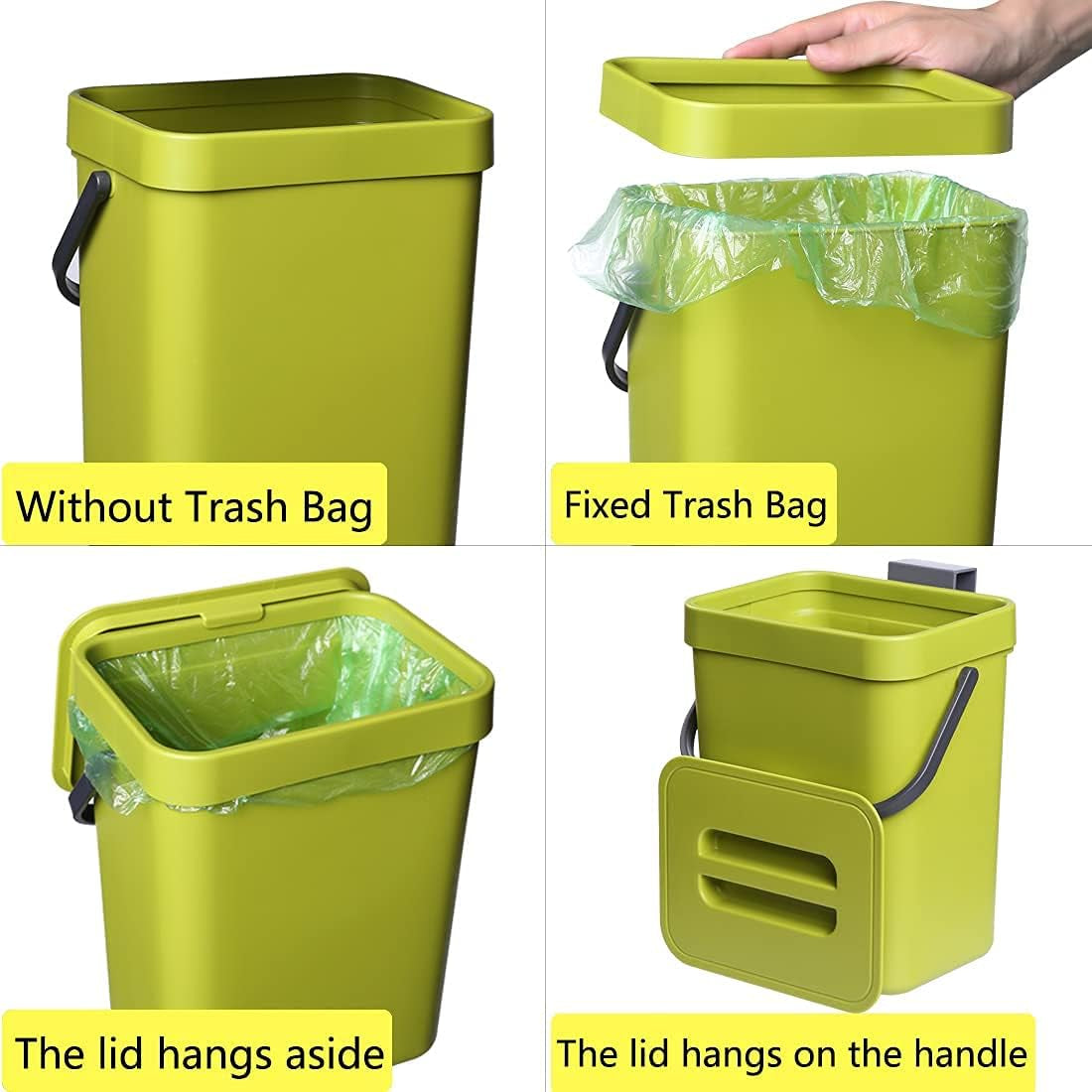 1.3 Gallon Kitchen Compost Bin: Designed for Countertop or Under Sink Use, with a Lid, Suitable for Hanging in Cupboards, Bathrooms, Camping, and Mounting Indoors - Green