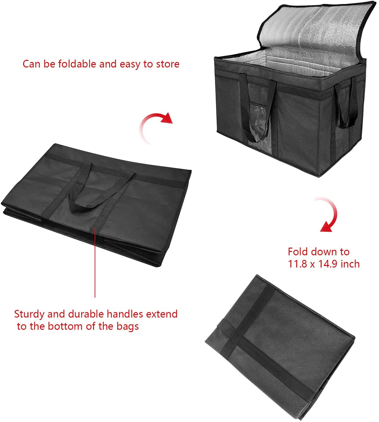 Extra Large Insulated Cooler Bag with Zipper Closure - Reusable Grocery Shopping Bag for Hot or Cold Food - Collapsible Delivery Bag for Instacart, Restaurants, and Food Transport - 23"W x 15"H x 14"D (Black)