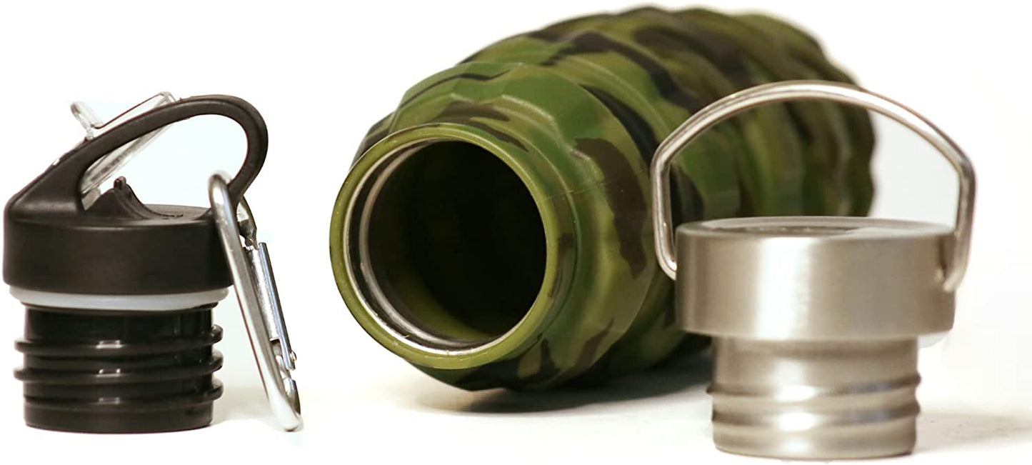 20 oz Camo Collapsible Water Bottle with 2 Lids, Carabiner, and Box - Ideal for Hiking, Camping, and as a Gift for Men - Portable Army Military-style Gym Bottle.