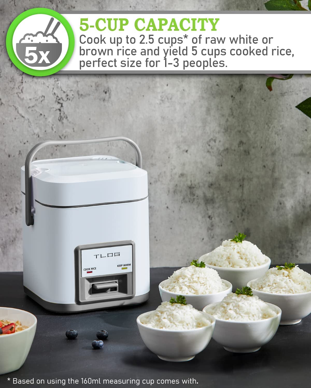 Mini Rice Cooker: Cooks 2.5-Cup Uncooked (5-Cup Cooked) Rice. Perfect for 1-2 People. Includes Steamer and Auto Keep Warm Function. Ideal Rice Maker for Grains, White Rice, Oatmeal, and Veggies. Available in White.