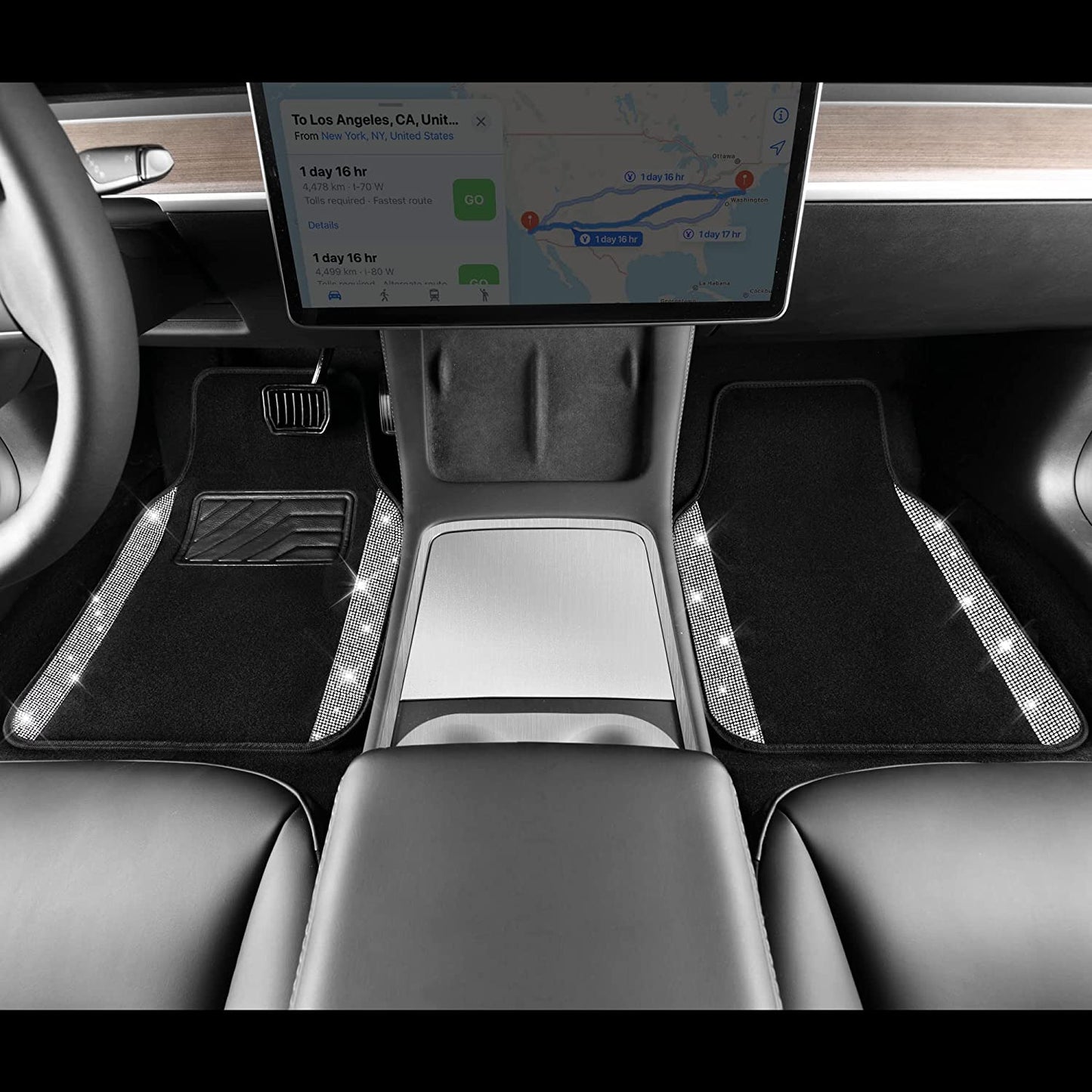 Rhinestone-Embellished Carpet, Crystal Diamond Glitter Car Floor Mats with Anti-Slip Heel Pad, Universal Fit for SUVs, Sedans, Vans, and Cars - 4pcs Set, Black Silver